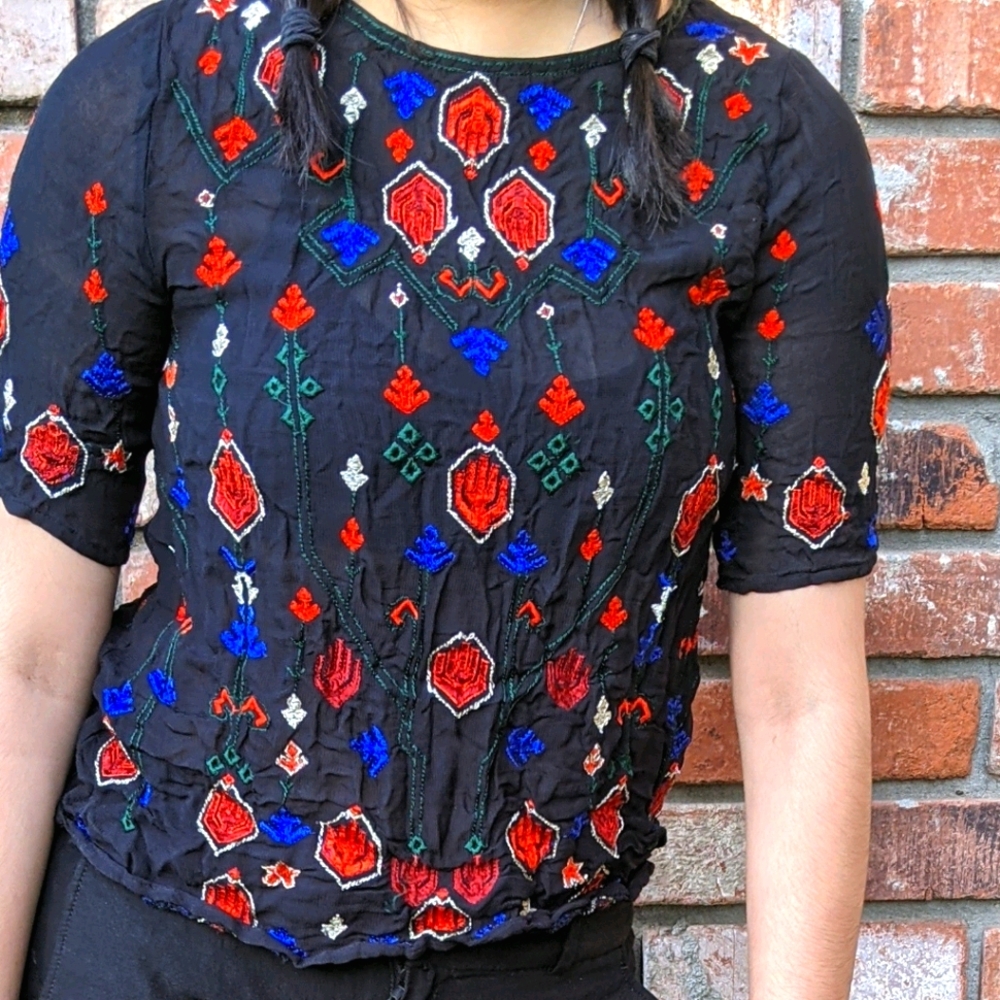 Free People Black Embroidered Floral Boho Top with Red & Blue Accents